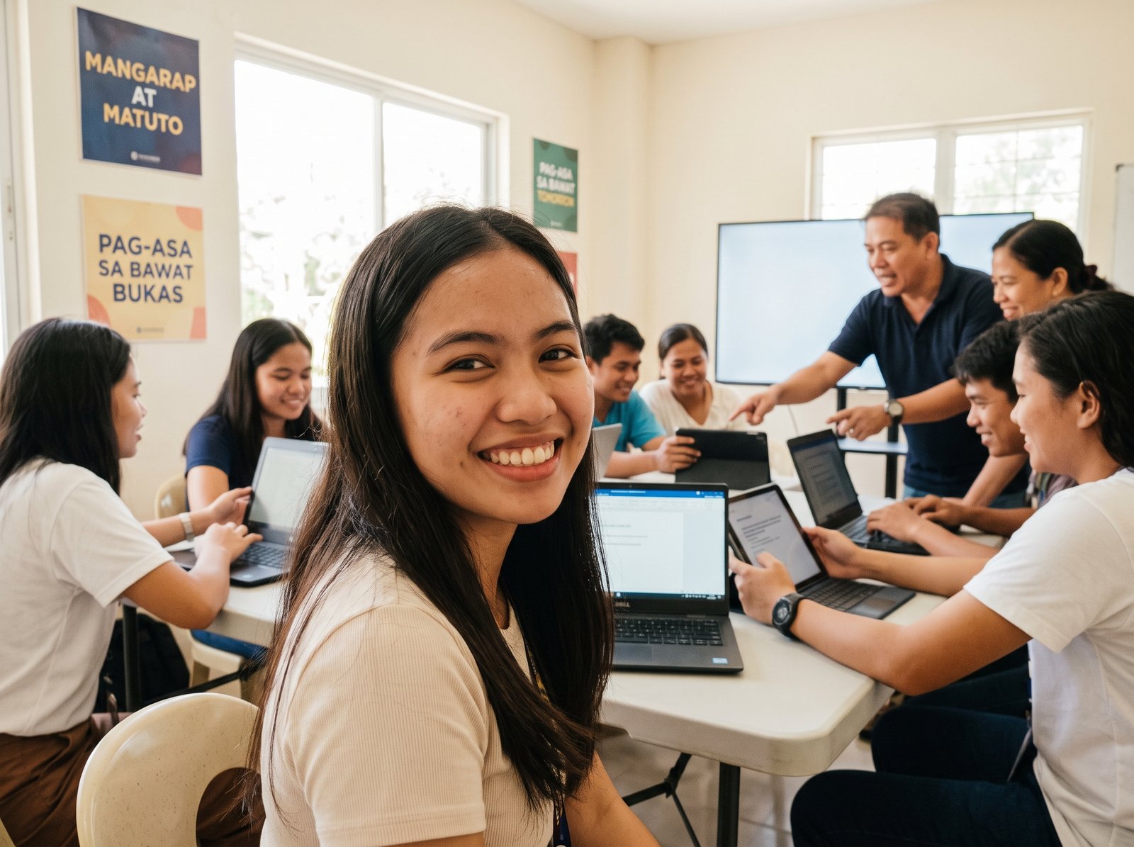 Filipino learners in a community digital skills classroom — the spirit of Barangay Digital Hubs